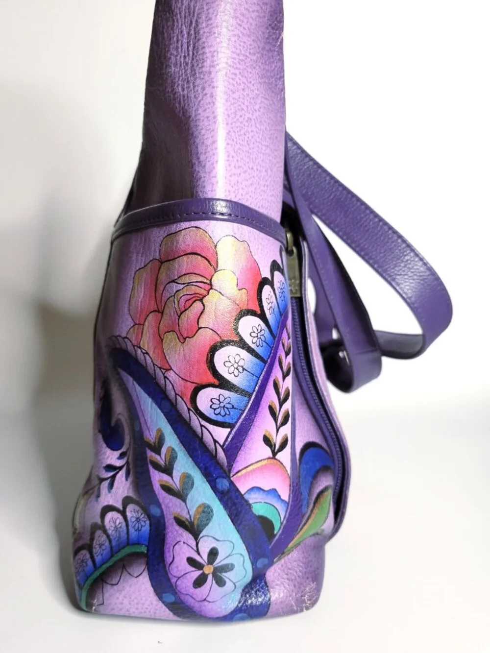 ANUSCHKA Painted Genuine Leather Purple Peonies Paisley Hobo Shoulder Bag EUC
